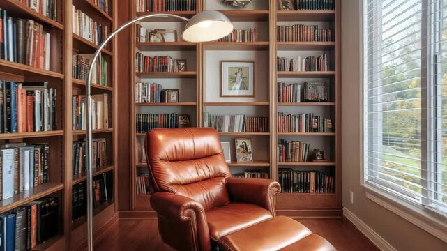 Home library corner with wood and leather reading chair, arc floor lamp, and tall built-in shelves