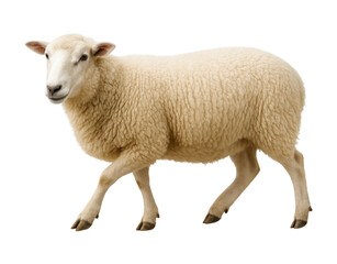 Naklejka premium A Fluffy White Sheep Walking Gracefully Across the Pasture, Captured in Detail, Isolated on Transparent and White Background