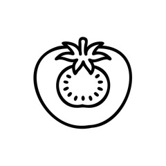 Line drawing of a tomato with a cross section showing seeds stem on background vegetable