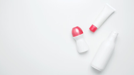 Skin care and beauty concept. Cosmetic beauty products. Bottles and tubes with branding mock up