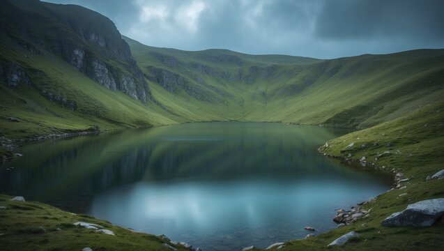 A serene green hillside landscape with a calm lake reflecting the cloudy sky. Mountainous terrain and lush grass surrounding the water body.