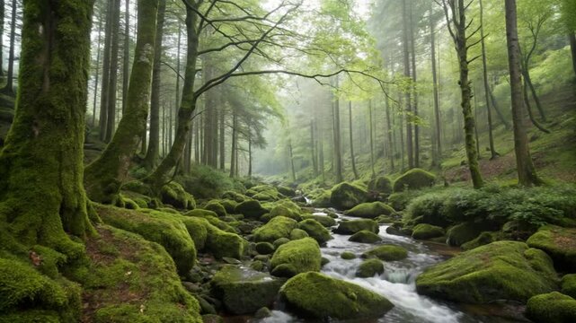 Waterfall and stream wind through a lush, green forest landscape with rocks and trees 4k horizental cenematic video footage