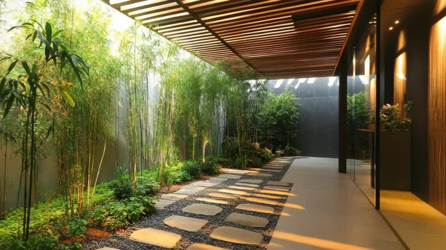 Indoor garden atrium with stepping stones bamboo and indirect lighting through roof slats