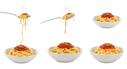 A step-by-step visual guide to serving spaghetti with marinara sauce, highlighting the preparation and presentation process