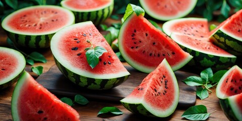 Watermelon sliced into pieces with green leaves, displayed on a wooden surface with some whole and cut slices, fresh and juicy.