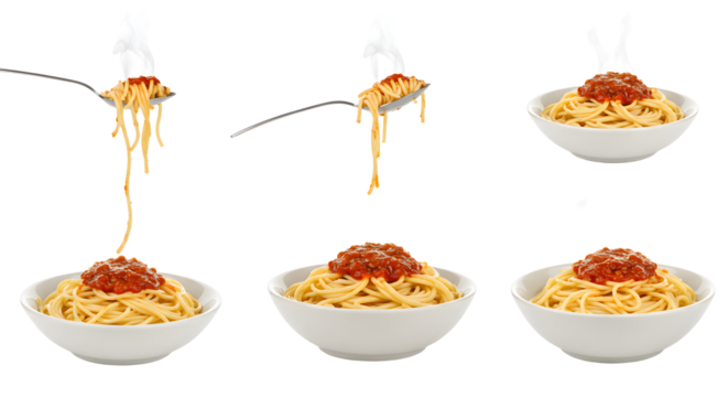 A step-by-step visual guide to serving spaghetti with marinara sauce, highlighting the preparation and presentation process