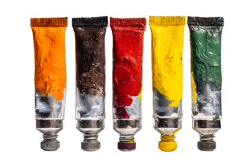 Five tubes of paint in vibrant colors.