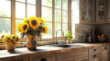 Kitchen filled with daylight, open windows, wood and stone textures, and a bouquet of sunflowers in handmade ceramic vase - Powered by Adobe
