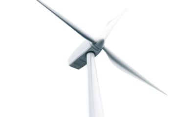 Wind turbine towering against a white isolated background, showcasing its sleek design and renewable energy capabilities in a clean energy environment