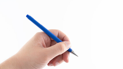 Hand holding a blue pen on a plain white background for writing or drawing