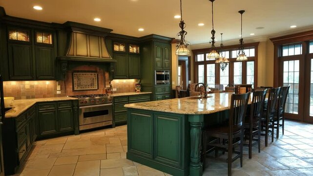 Kitchen with deep green cabinets stone counters pendant lights and tiled floor shown with even lighting and architectural clarity
