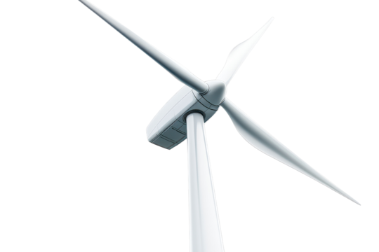 Wind turbine towering against a white isolated background, showcasing its sleek design and renewable energy capabilities in a clean energy environment