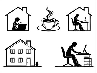 working from home icon set sihouette black vector bundle