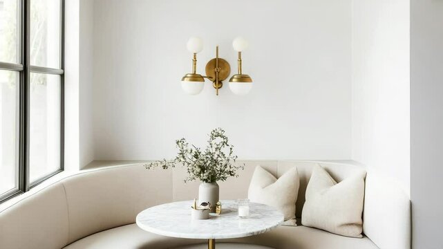 Light-filled breakfast nook with curved bench seating, small marble table, and brass wall sconce