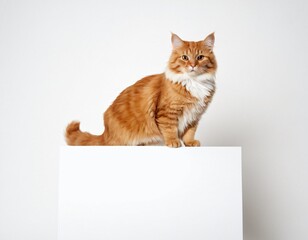 Golden Cat Perched: A majestic ginger cat sits regally upon a simple white platform, its warm eyes gazing out with a captivating presence. The image conveys a sense of elegance. Ai generated image