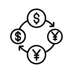 Black and White Currency Exchange Icon – Minimalist Outline Vector of Dollar to Yen Money Transfer Between Users, Symbolizing International Finance, Forex Trading, and Global Transactions
