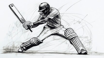 Dynamic sketch of cricket batsman in action, ready to hit.