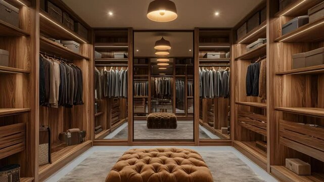 Luxurious walk-in closet with wooden shelves hanging lights velvet ottoman and mirrored sliding doors under diffused ceiling lighting