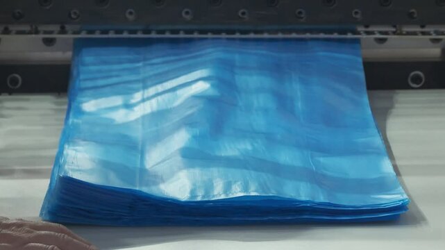 Automatic polyethylene bag making machine makes and stacks blue polyethylene bags, operator removes finished packs of bags from conveyor