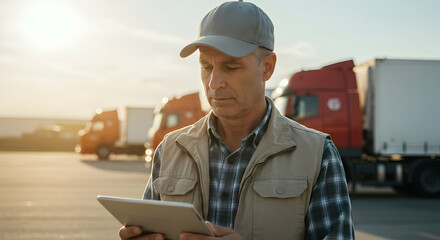 Truck driver using tablet digital technology logistics transportation delivery shipping cargo freight industry management worker professional man