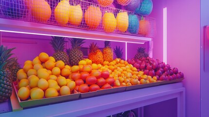 Colorful Fruit Display: A vibrant arrangement of fresh, colorful fruits, including oranges, pineapples, and others, artfully displayed in a bright, inviting setting.