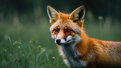 A fox in a natural green setting with grass and foliage. Wildlife and animals, nature and habitat, furry animal. The wildlife and habitat concept.