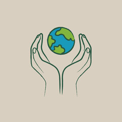 Hands holding floating planet — minimal sketch line vector on craft background