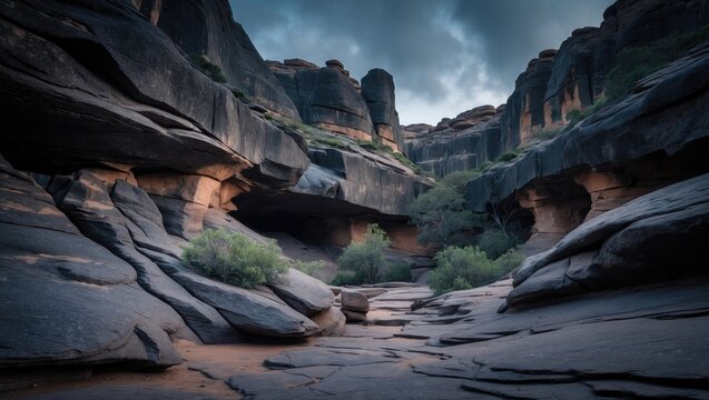 A rocky canyon landscape with layered cliffs and green vegetation.