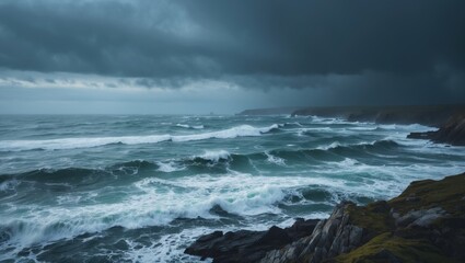 Obraz premium Stormy ocean waves crashing on rocky coast with dark clouds overhead, depicting a turbulent sea scene.