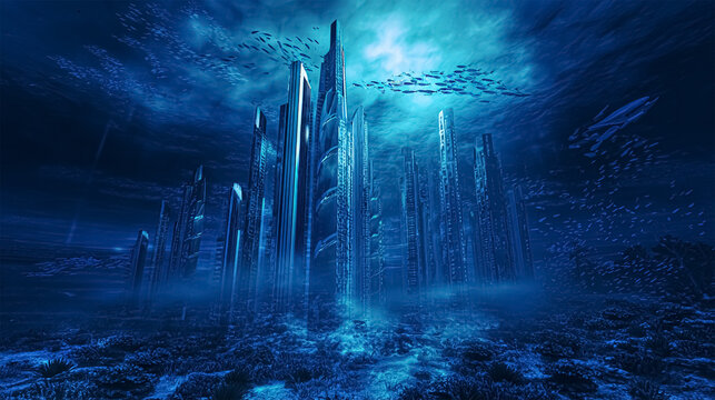 Fantasy floating island with clean nature city relying on renewable resources. Concept of sustainable ecological future and alternative energy of an eco friendly planet