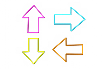 Vibrant neon arrows pointing across transparent background, highlighting directional guidance with bold, graphic design aesthetic