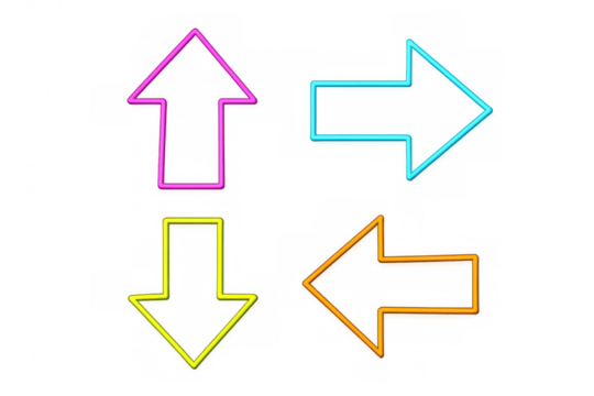 Vibrant neon arrows pointing across transparent background, highlighting directional guidance with bold, graphic design aesthetic