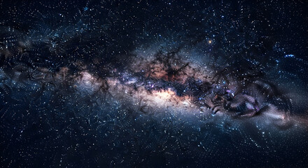 Vast panoramic view of the Milky Way galaxy, displaying its brilliant core, sweeping star fields, and intricate cosmic dust lanes stretching through the universe.