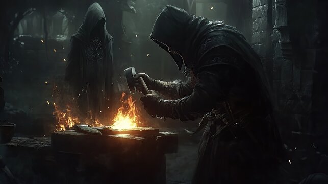 Blacksmith in Dark Ages Forging Metal with Fire - Powered by Adobe
