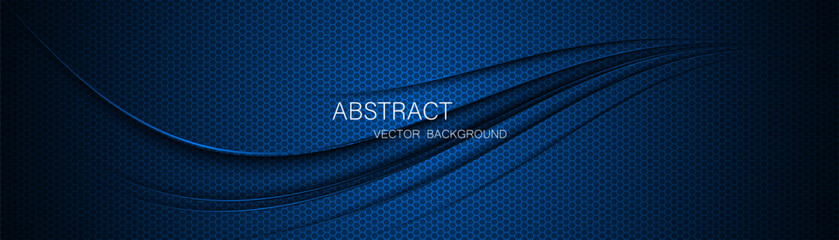 Abstract blue steel mesh background with blue glowing lines with free space for design. Modern technology innovation concept background. Perforated dark blue metal sheet for background image.	