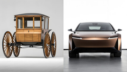 Comparing vintage buggy with modern electric vehicle showcasing automotive evolution through the years for transportation.