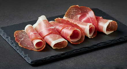 Delicious Spanish Jamon Serrano Ham Slices on Black Slate Plate Gourmet Delicatessen Food Photography