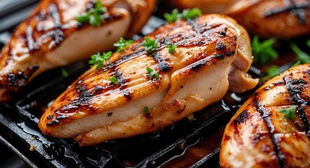 Grilled chicken breasts with herbs and spices, close-up. Cooked chicken fillet with grill marks. Juicy and flavorful poultry dish.