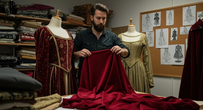 Costume designer meticulously examining rich red fabric in a workshop filled with historical garments and sketches