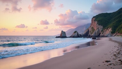 Coastal Beach Sunset with Dramatic Sea Stacks