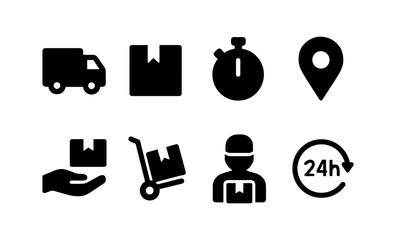 Delivery service icons: truck, package, stopwatch, location pin, hand truck, worker, 24-hour