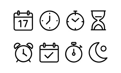 Minimalist time icons: clocks, calendars, and hourglasses in line art style