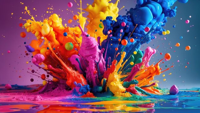 Vibrant splash of colored paint explosion with splatters and drips against a gray background.