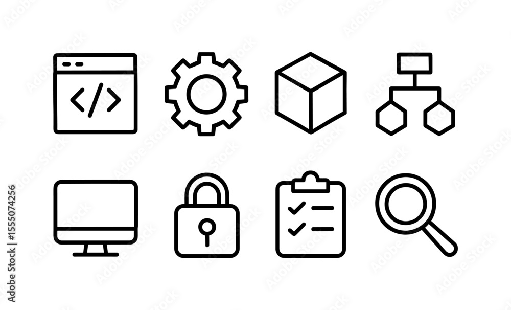Poster technology icons set featuring development, security, and design elements