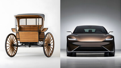 Evolution of transportation with an antique carriage juxtaposed against a modern electric car, showing progress