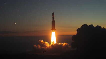 Futuristic Spacecraft Launch at Dusk with Fiery Exhaust Trail