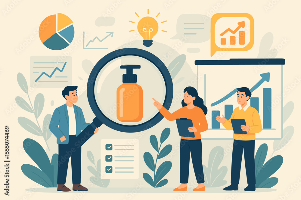 Poster market research and product development concept. business team analyzes prototype with magnifying gl
