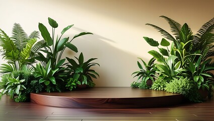 Fototapeta premium natural 3d podium stage with wood texture and indoor plants for product display and branding