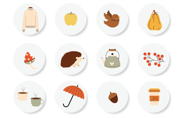 Vector Cozy Autumn big round stickers set. Apple, fly agaric mushroom, teapot, cups, umbrella, rowan berries, coffee, and acorn, along with other fall-themed elements for decorating gifts, banners