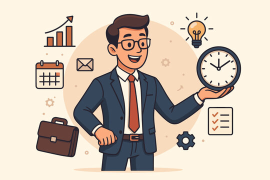 Time management concept for business success. Businessman mastering productivity and efficiency. Planning, scheduling, organization, deadline. Man with clock, calendar, checklist. Vector.
